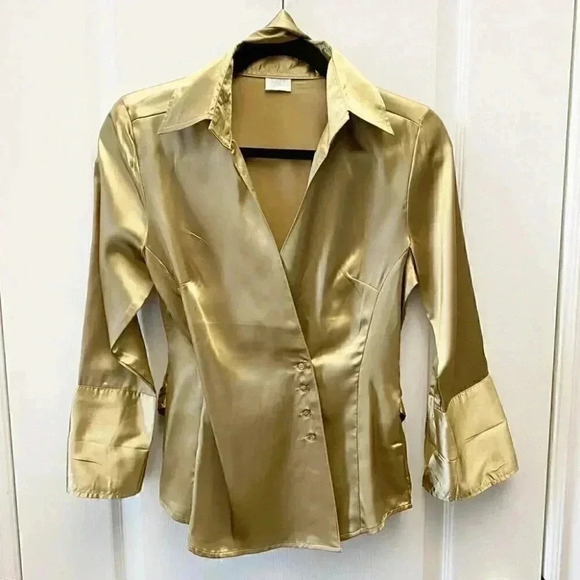 Suzy Shier Wrap Blouse Gold Satin V Neck Tie Waist 3/4 Sleeve Sash  Belt Size XS - Picture 4 of 16